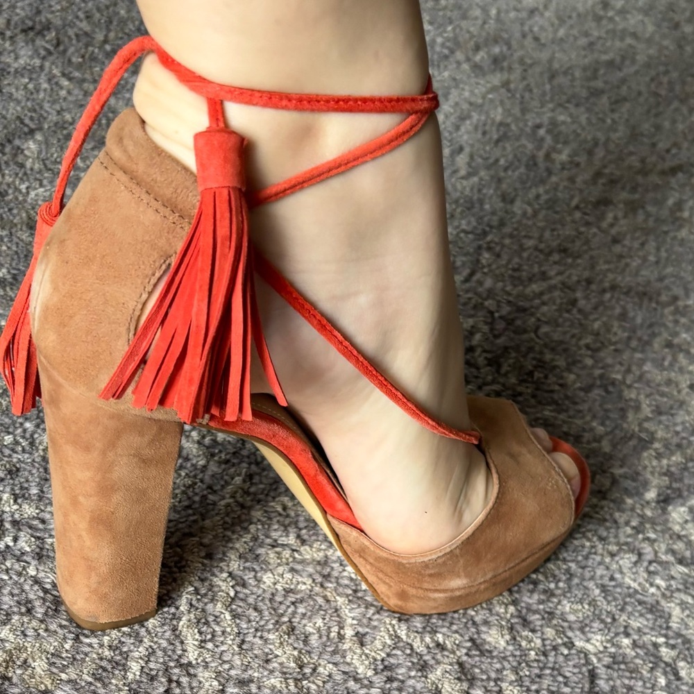 Lord & Taylor Brown Suede Heels with Orange Tassels